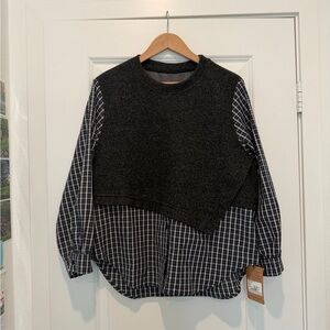 Plaid Black and Gray Women's Crew Neck Sweater Vest Blouse Top